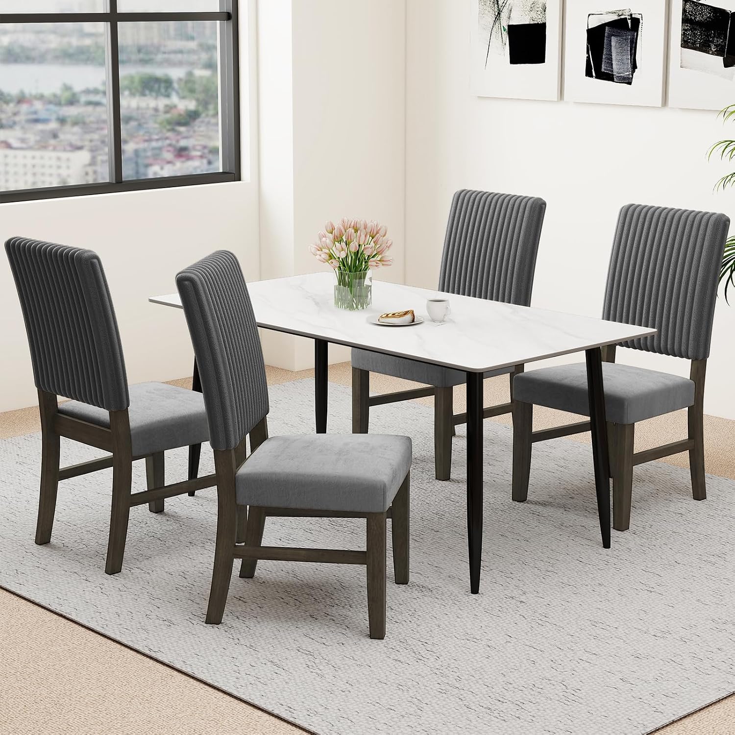 Giantex Dining Chairs Set of 2, Mid-Century Velvet Fabric Upholstered Chairs with Rubber Wood Legs, Thick Padded Seat, High Back, Modern Side Armless Chairs for Kitchen Living Dining Room