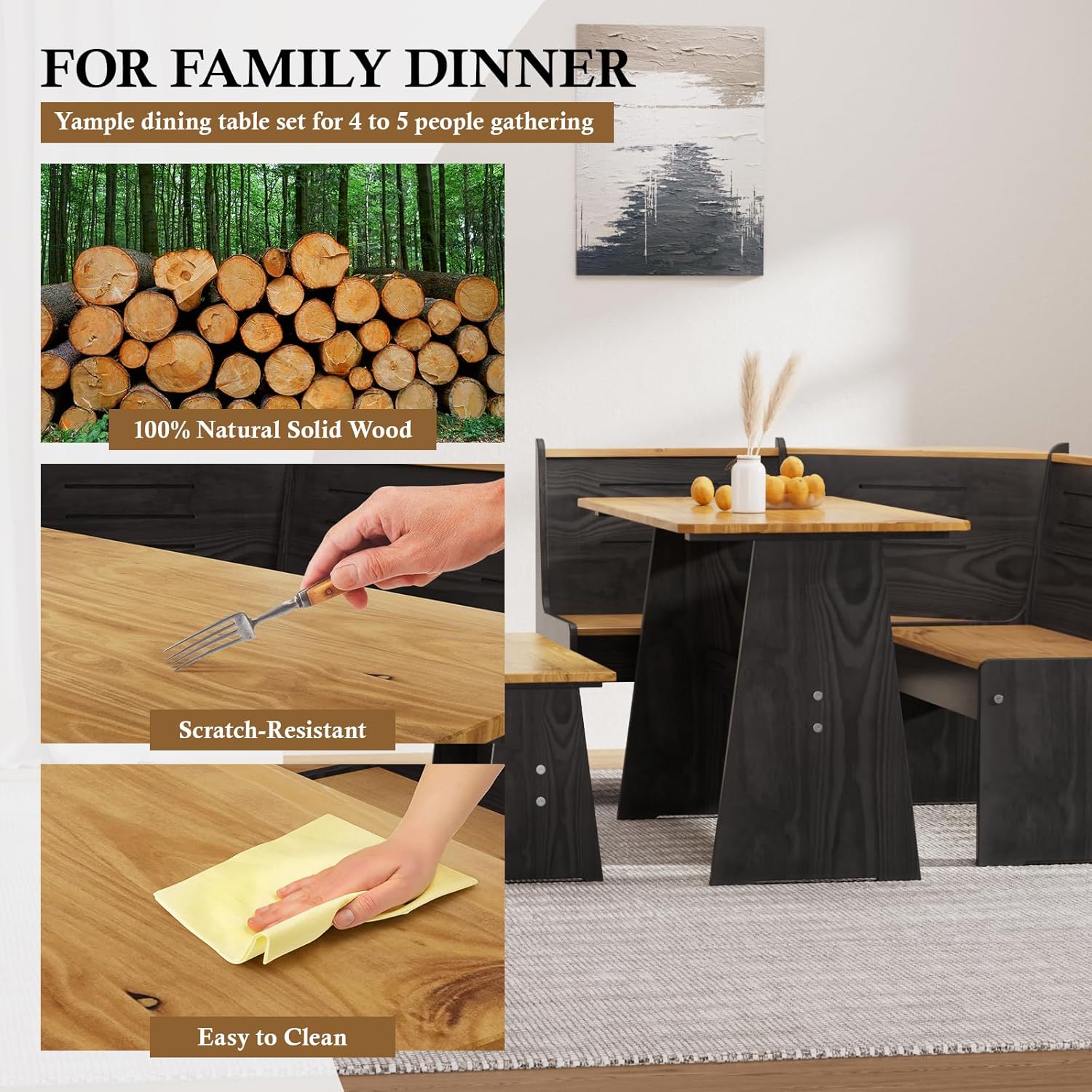 Breakfast Nook Dining Table Set – Black Corner Bench Dining Table, L Shaped Kitchen Nook Booth, Space-Saving Corner Dining Table Set for Kitchen, Apartment, Small Space