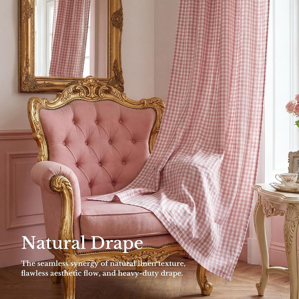 NICETOWN Rose Pink Plaid Curtains for Nursery, Tie Top Bow Knot Checkered Girls Room Window Treatments, Coquette Room Decor Semi Sheer Light Filtering Living Room Drapes, W52 x L84, 2 Panels
