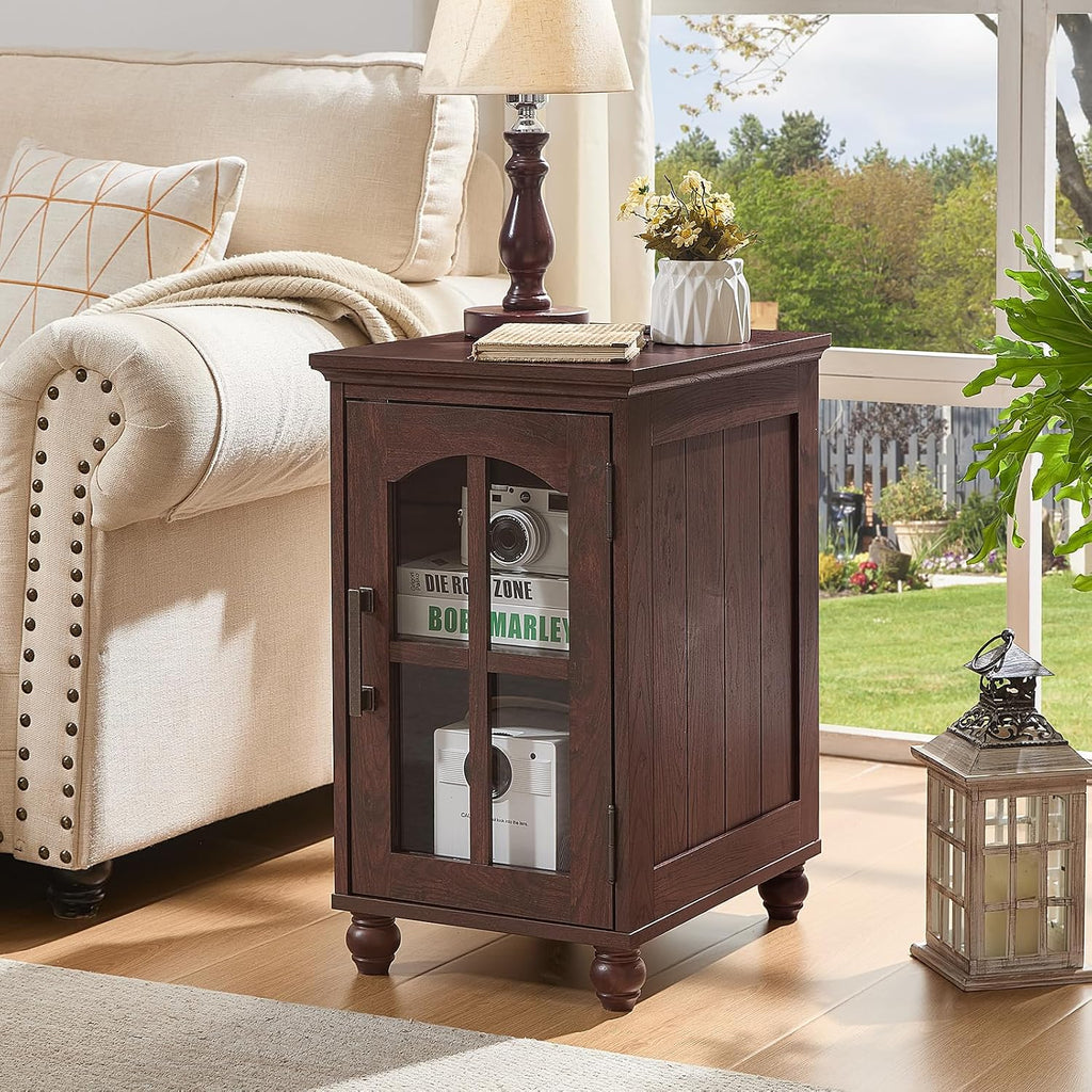 RWYHG End Table Set 2 with Charger, 18'' Nightstand and 24" Side Tables | Glass Barn Door Storage, Solid Wood Legs Farmhouse Style Bedside Table for Living Room,Bedroom Consistent style