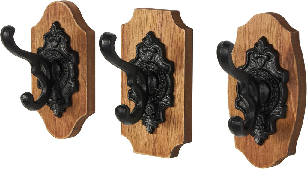 Deco 79 Wooden Fleur De Lis Vintage Inspired Wall Hook with Black Metal Hooks and Curved Edges, Set of 3 4" W, 6" H, Brown