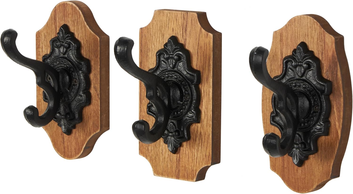 Deco 79 Wooden Fleur De Lis Vintage Inspired Wall Hook with Black Metal Hooks and Curved Edges, Set of 3 4" W, 6" H, Brown