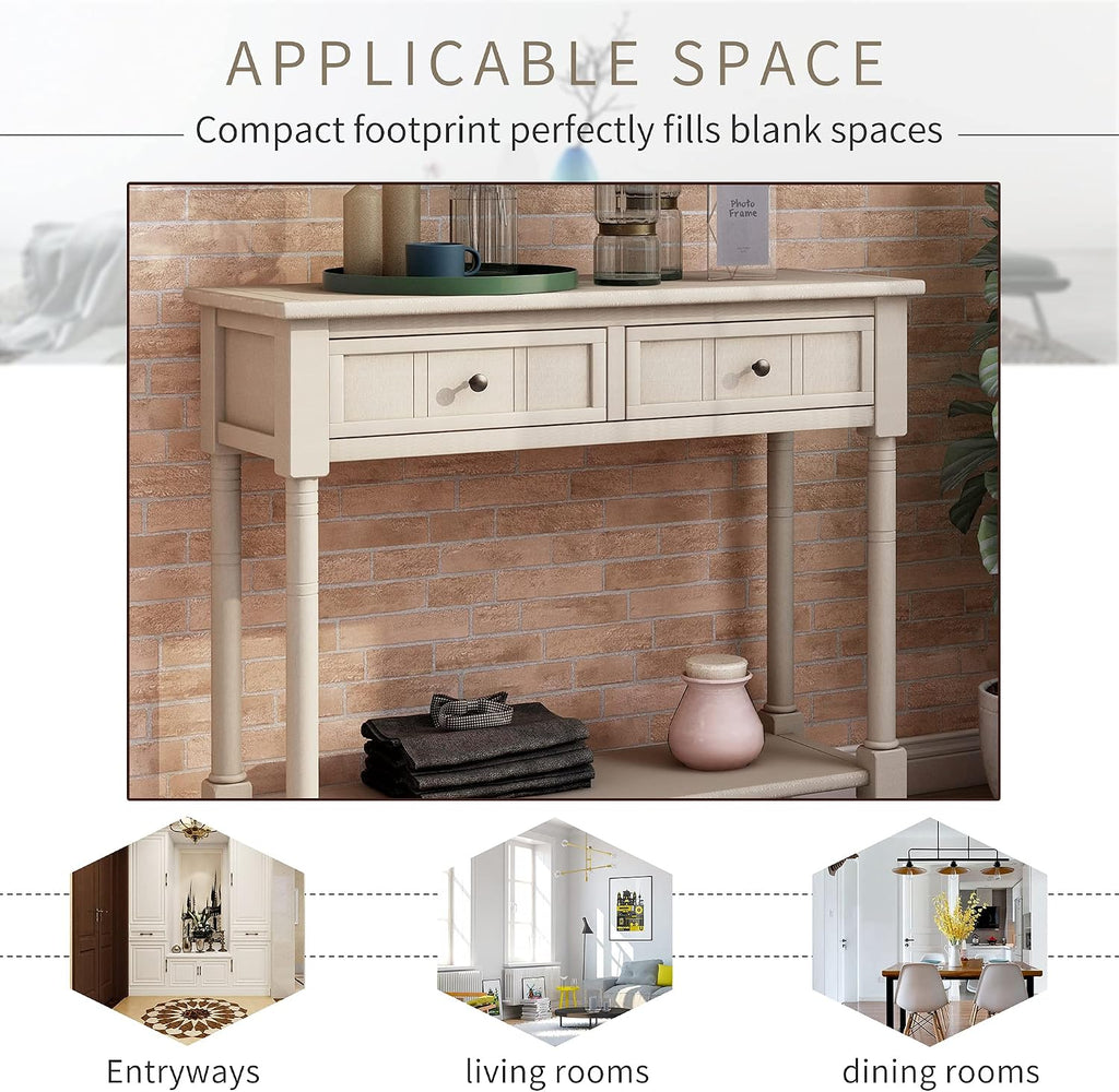 GDFStudio Daisy Series Console Table, Retro Grey Solid Pine Wood Frame with Two Storage Drawers and Bottom Shelf, Traditional Vintage Accent Furniture for Entryway, Living Room, or Dining Room