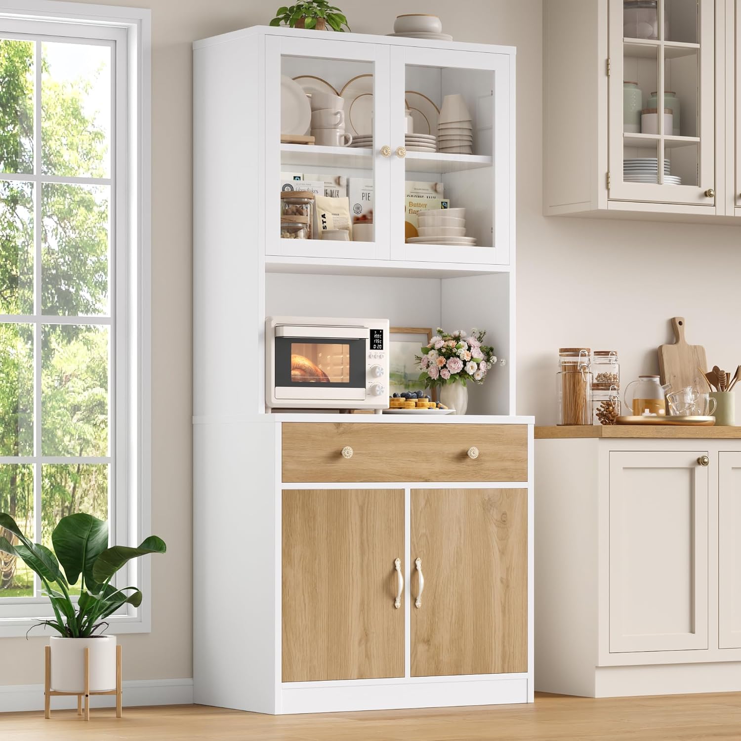 Keyluv 71" Tall Kitchen Pantry Storage Cabinet with Microwave Stand, Modern Kitchen Hutch with Countertop, Wood Coffee Buffet Hutch with Glass Doors, Drawer, Adjustable Shelves for Dining Room, Khaki