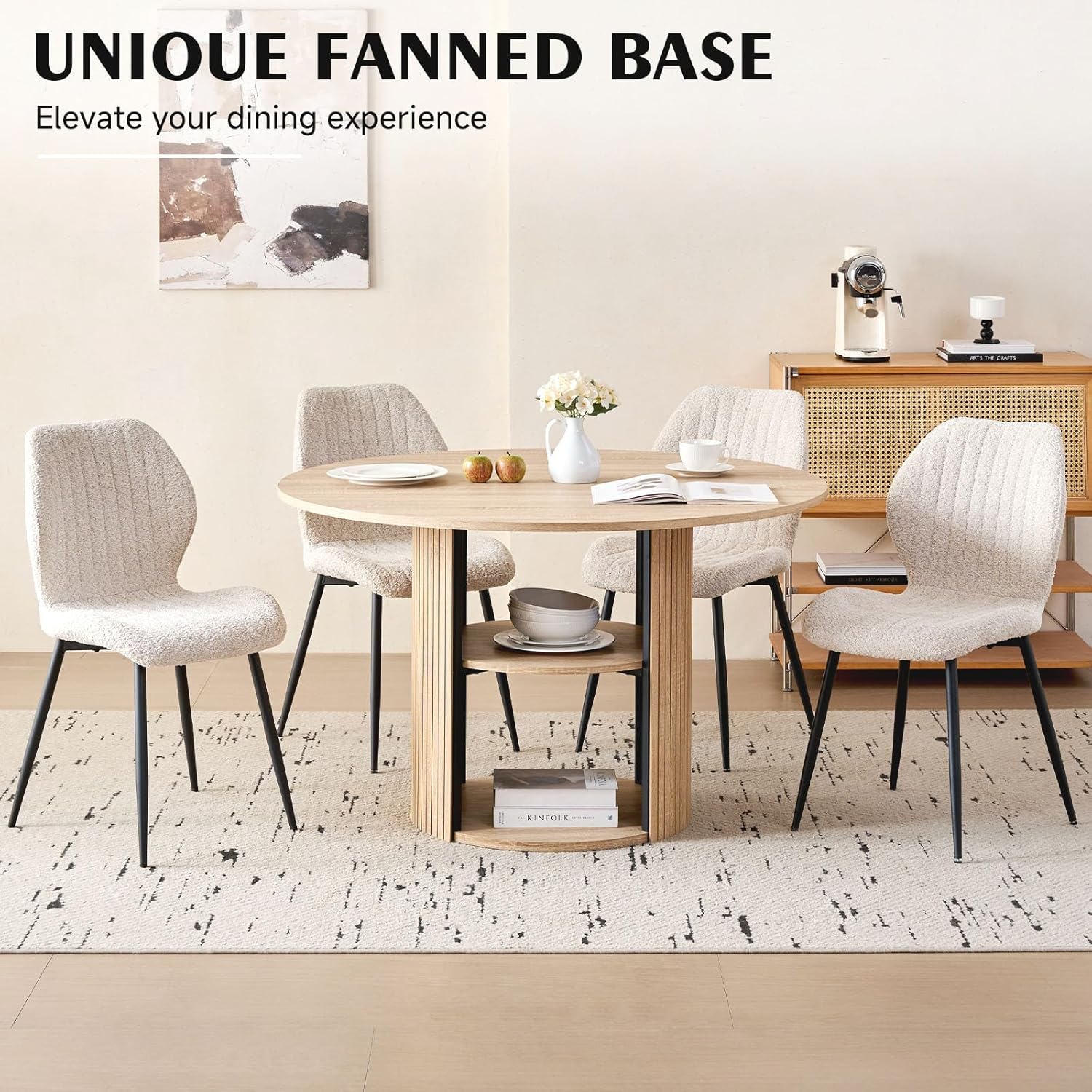 47" Round Dining Table Set for 4 Modern Storage Kitchen Table with 4 Boucle Upholstered Chairs for Dining Living Room Home Small Space(Natural Table with Beige Chairs)