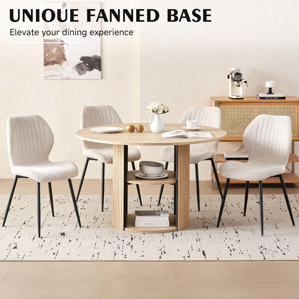 47" Round Dining Table Set for 4 Modern Storage Kitchen Table with 4 Boucle Upholstered Chairs for Dining Living Room Home Small Space(Natural Table with Beige Chairs)