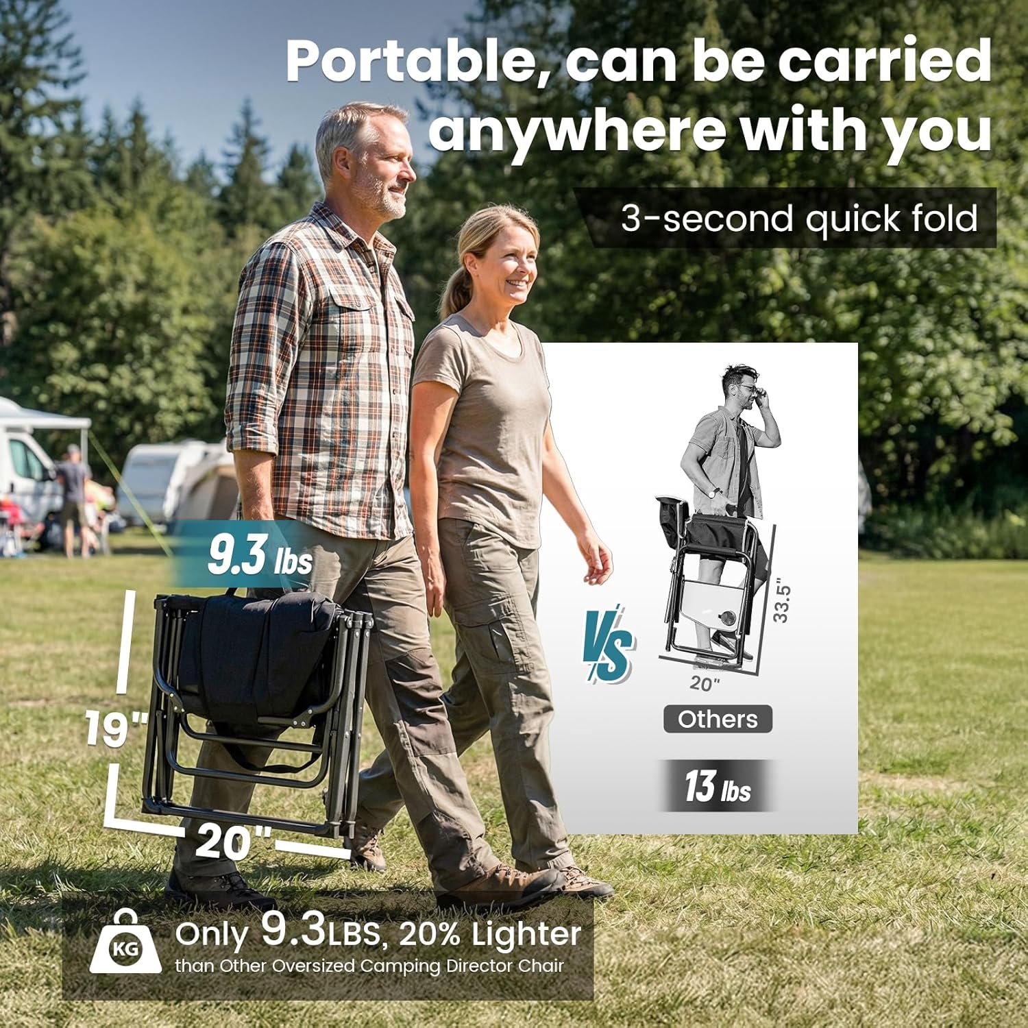 FUNDANGO Oversized Folding Chairs for Outside, Fully Padded Camping Director Chair for Adults, Support 450lbs Portable lawn chairs with Side Table, Side Pockets for outdoor Camp, Picnic, Lawn, Concert