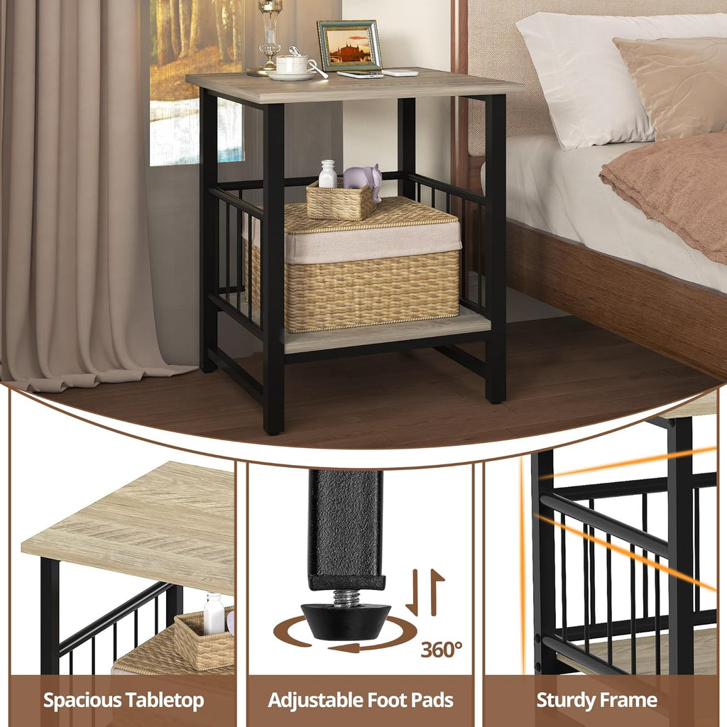 EazeHome 18" Square End Table with Storage Shelf, 2 Tier Rustic Side Table Nightstand for Living Room, Bedroom, Wooden Tabletop with Metal Frame, Gray