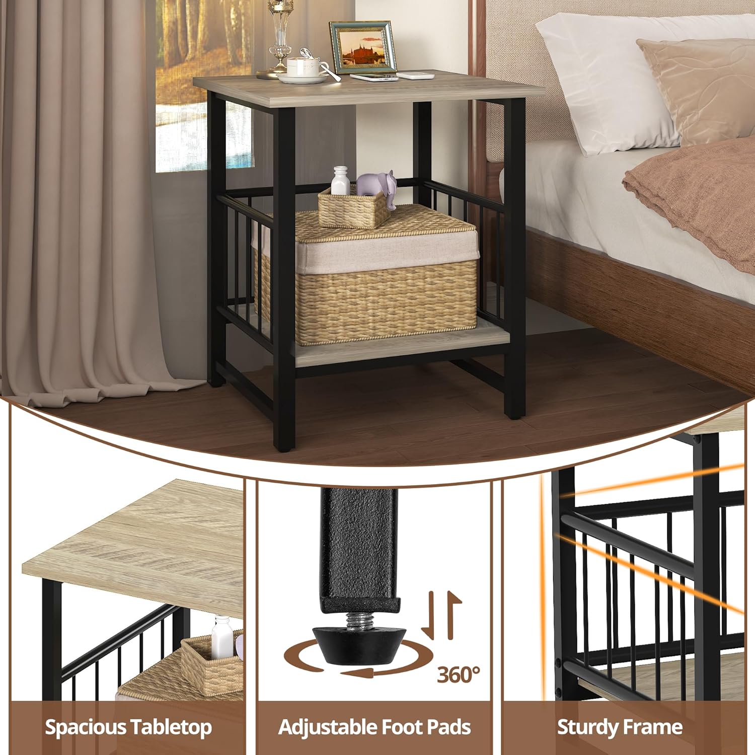 EazeHome 18" Square End Table with Storage Shelf, 2 Tier Rustic Side Table Nightstand for Living Room, Bedroom, Wooden Tabletop with Metal Frame, Gray