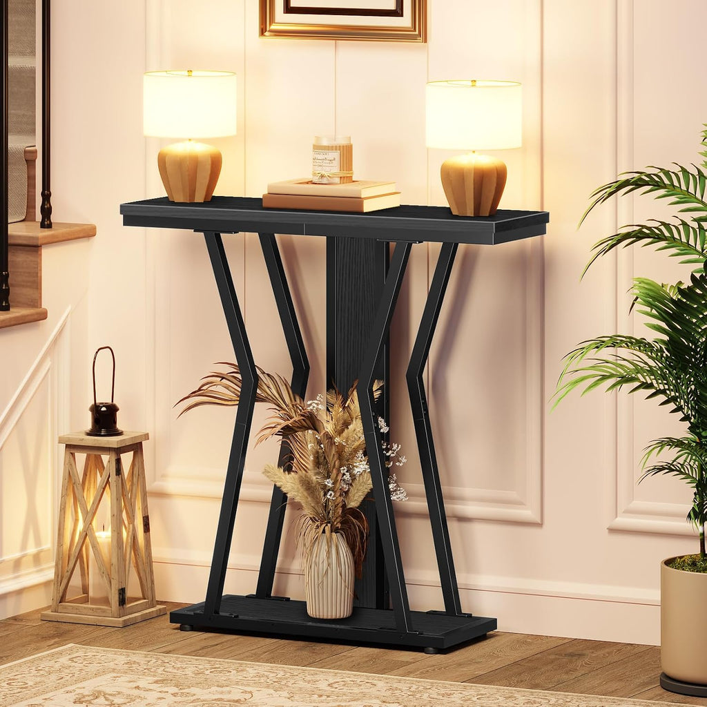 HOOBRO Narrow Console Table, 29.5" Small Entryway Table with Storage, 2-Tier Sofa Table Behind Couch, Modern Style, for Living Room, Hallway, Foyer, Bedroom, Black BB66XG01