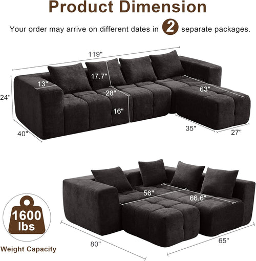 119" Boneless Couch, Cloud Sectional Couch with Deep Seat, High-Density Memory Foam and Chaise, Sectional L Shaped Sofa, Boneless Couches for Living Room, No Assembly Required Tufted Sofa, Dark Grey