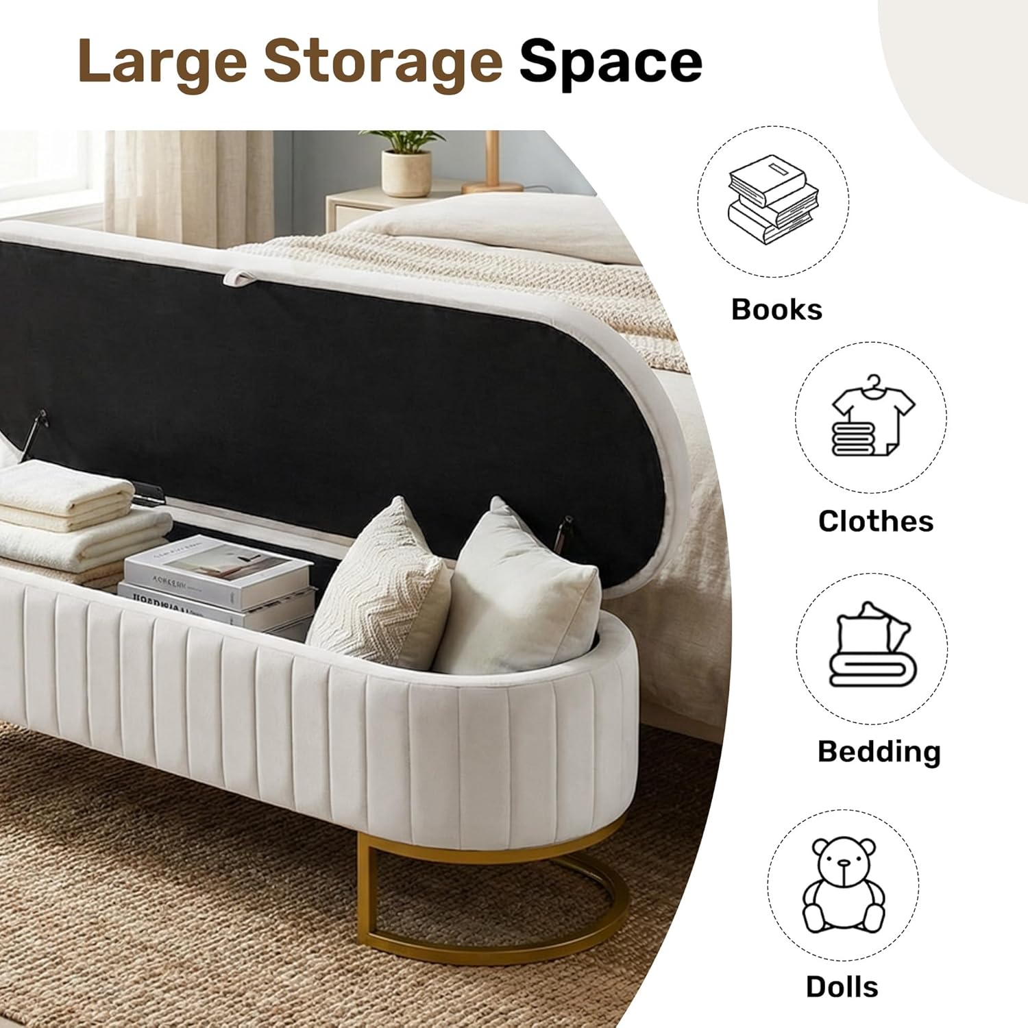 65 Inch Storage Ottoman Bench Velvet End of Bed Storage Bench King Size Upholstered Tufted Bench Large Space for Bedroom Living Room Entryway Beige