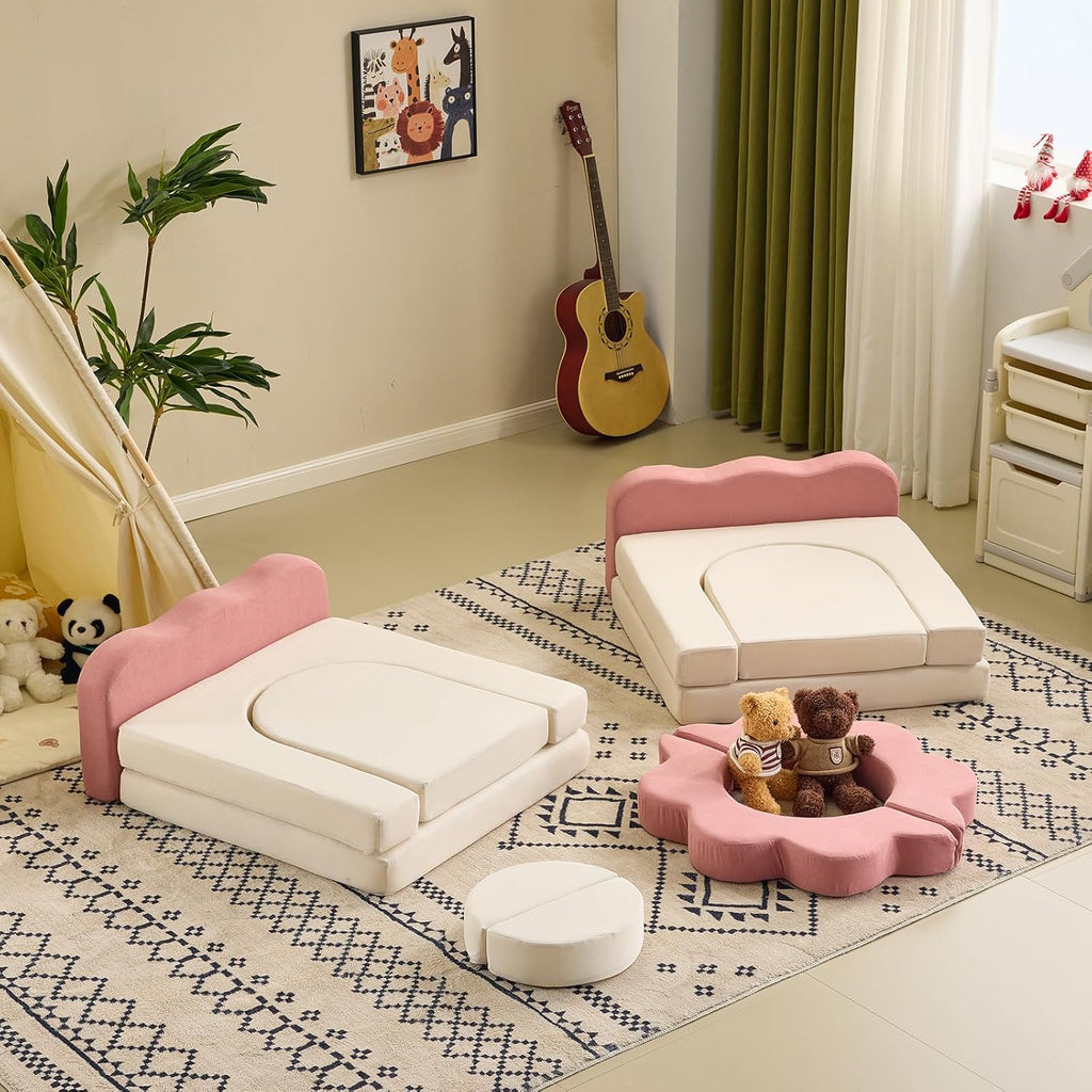 Karl home Kids Couch 12PCS, Modular Kids Play Couch, Indoor Multifunctional Foam Toddler Sofa with Flower Shape, Sectional Convertible Sofa Imaginative Furniture Play Set for Playroom, Pink & White