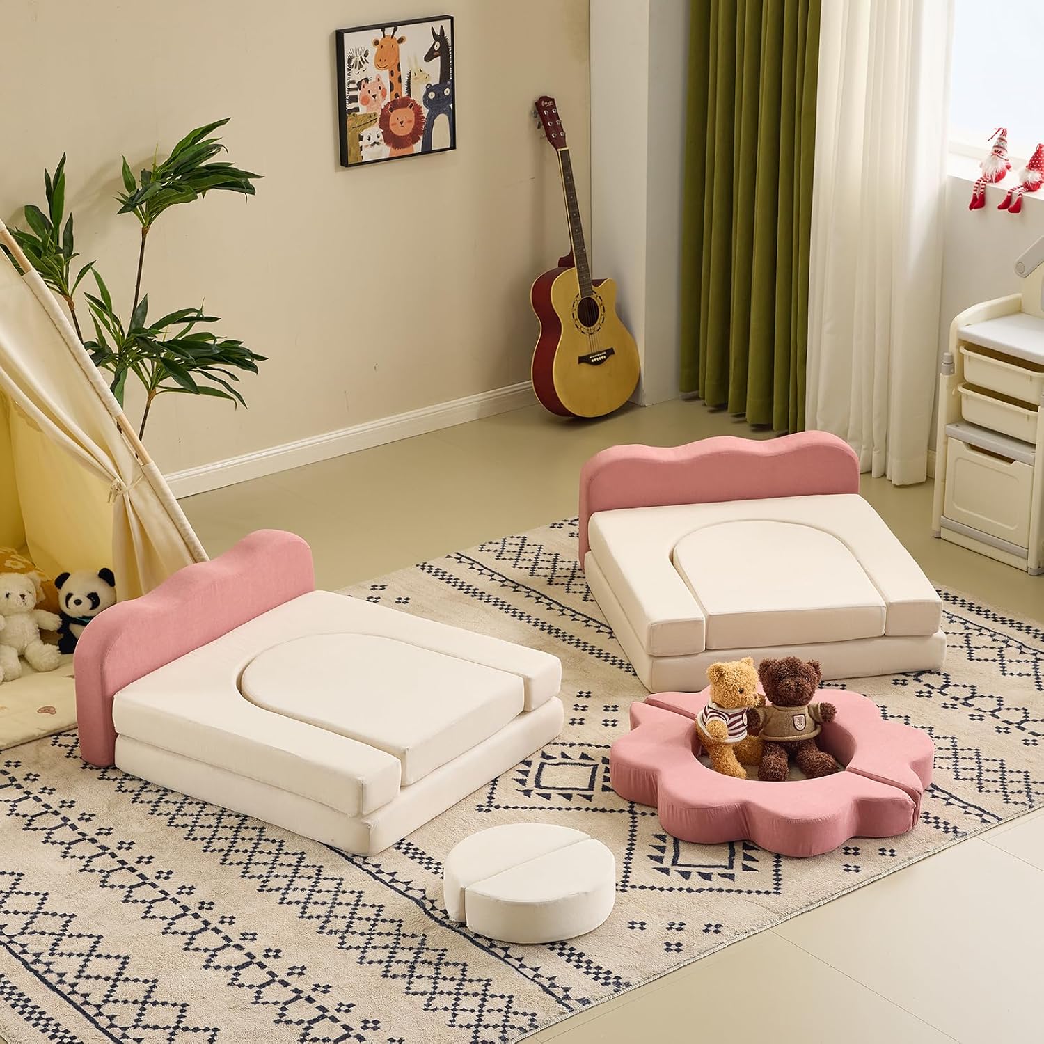 Karl home Kids Couch 12PCS, Modular Kids Play Couch, Indoor Multifunctional Foam Toddler Sofa with Flower Shape, Sectional Convertible Sofa Imaginative Furniture Play Set for Playroom, Pink & White