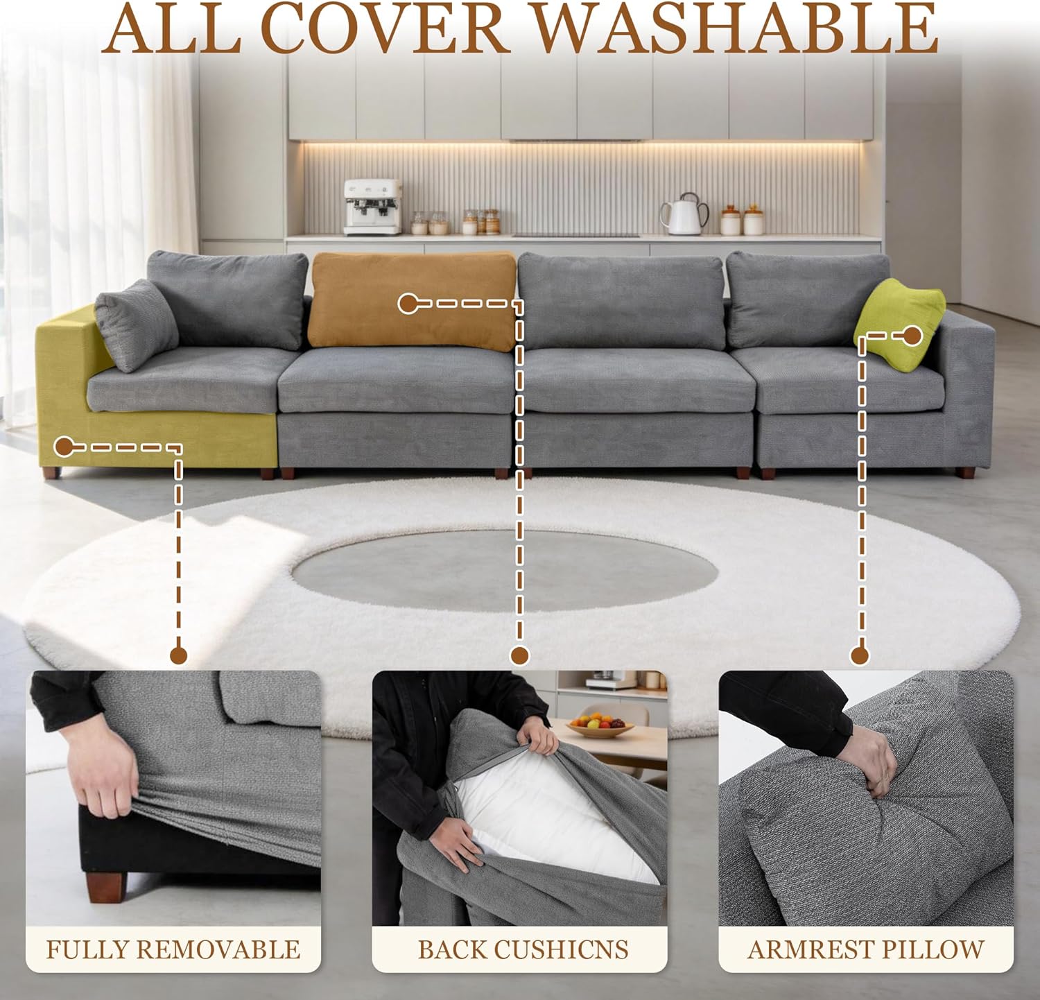 Oversized U Shaped Sectional Couch for Living Room, Extra Large Cloud Couch with Washable Covers, Modern Luxury Deep Seat Sectional Sofa for Apartment, Light Gray