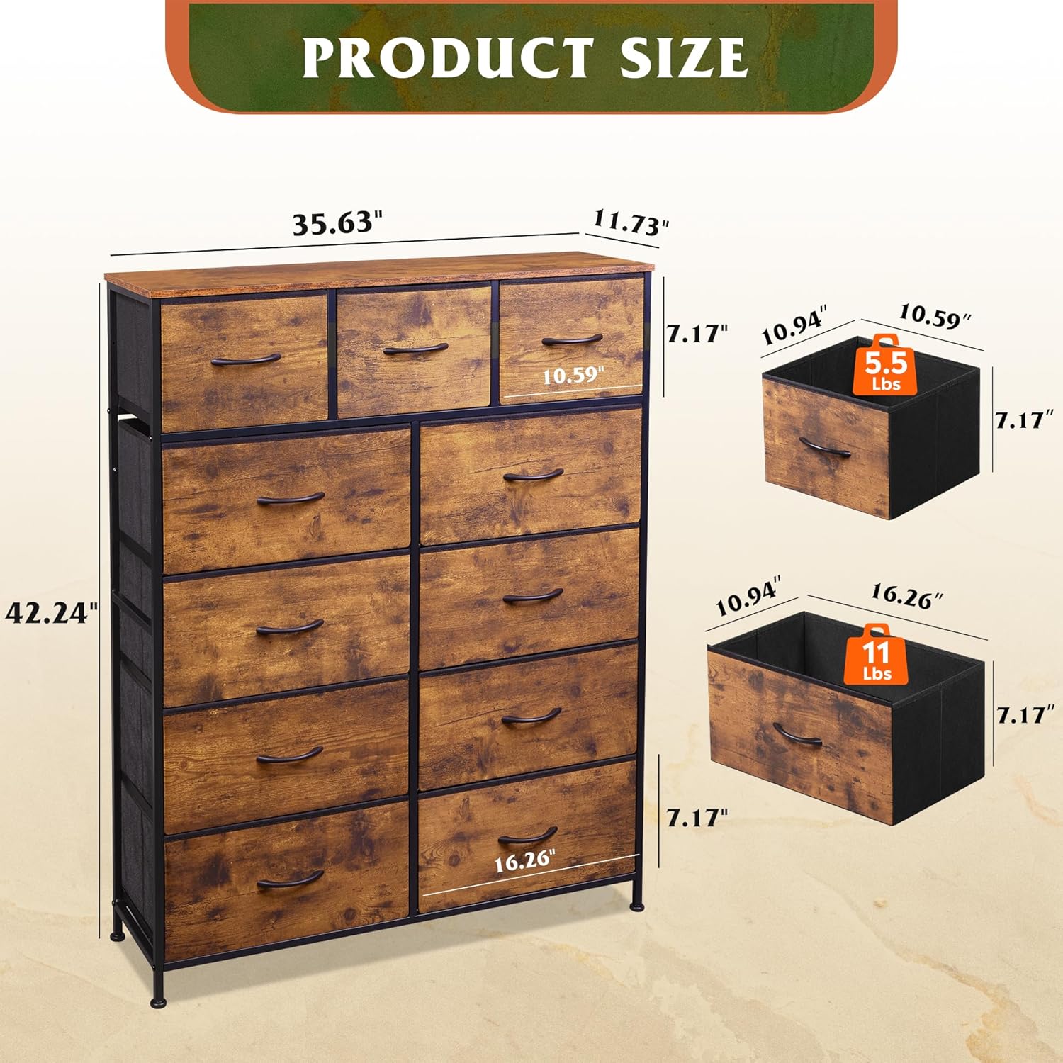 WLIVE Tall Dresser for Bedroom, Fabric Dressers Storage Tower, Dresser & Chest of Drawers Organizer Unit with 11 Drawers, Storage Cabinet, Hallway, Closets, Steel Frame, Wood Top, Rustic Brown