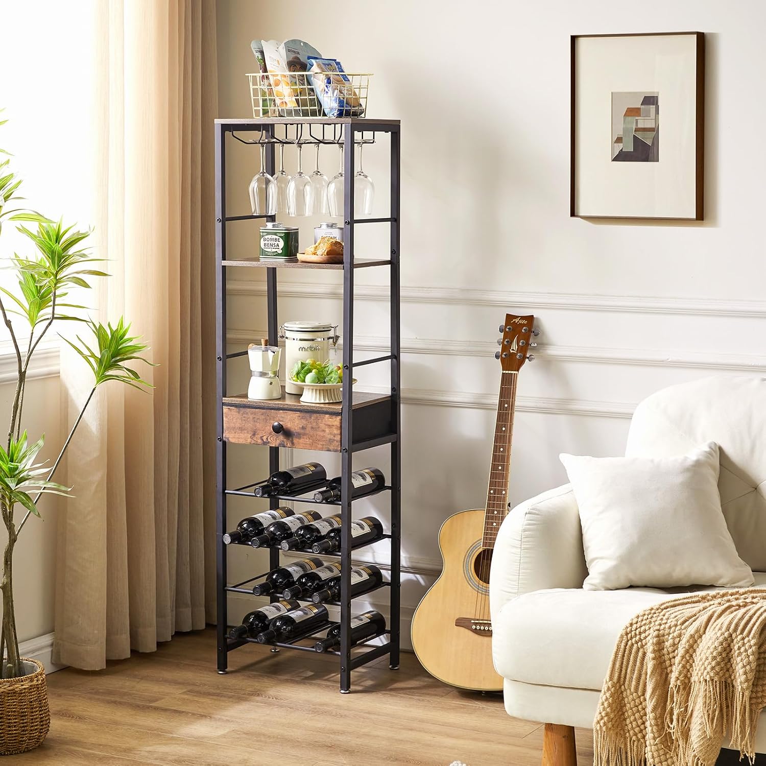 IBUYKE Wine Rack Freestanding Floor with Glass Holder,Brown TMJ905H | Bar Cabinet for Liquor and Glasses 4-Tier Coffee Bar Cabinet Glass Holder and Storage Drawer for Home Kitchen Living Room