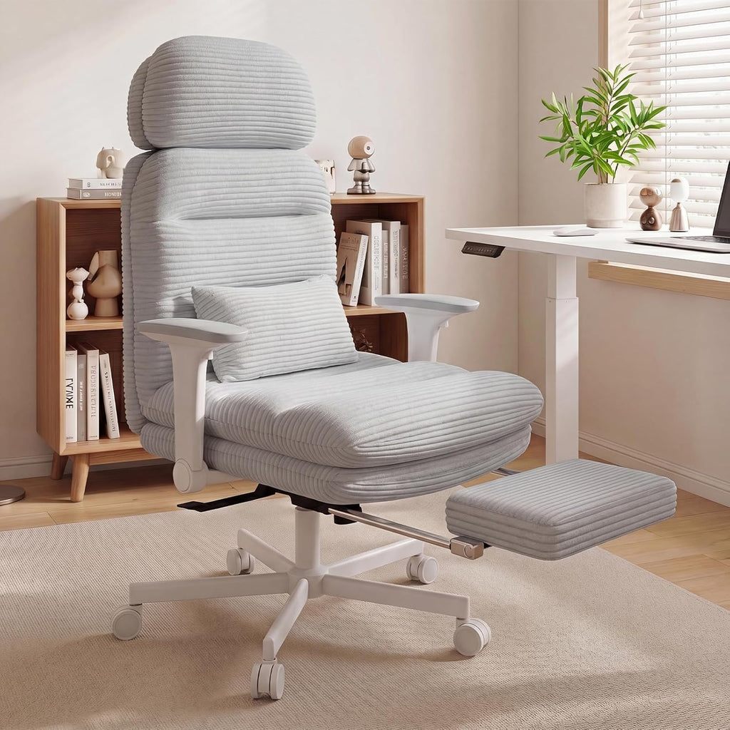 GXJ Criss Cross Chair with Flip-up Arms, Executive Office Chair with Foot Rest, Cross Legged Office Chair G800 Plus, Extra Lumbar Pillow, Corduroy Comfy Computer Desk Chair for Home, Grey