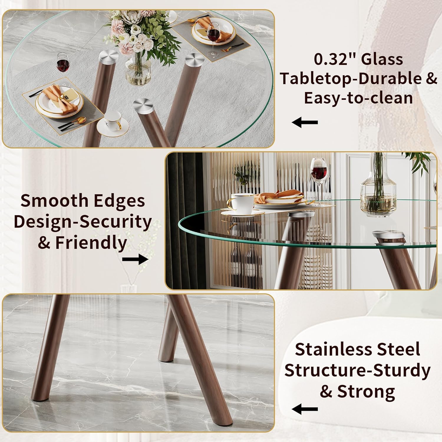 LKTART Small Glass Dining Table for 2-4 People, 35" Round Dining Table with Metal Legs, Glass Kitchen Table for Dining Room Home Office Small Spaces, Walnut