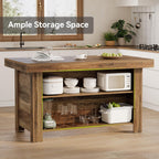LITTLE TREE 55 Inches Kitchen Island with Storage, 3-Tier Farmhouse Wooden Stationary Island Table with Large Worktop & Leg Room, Modern Coffee Bar Table with Storage Shelf for Kitchen, Rustic Brown
