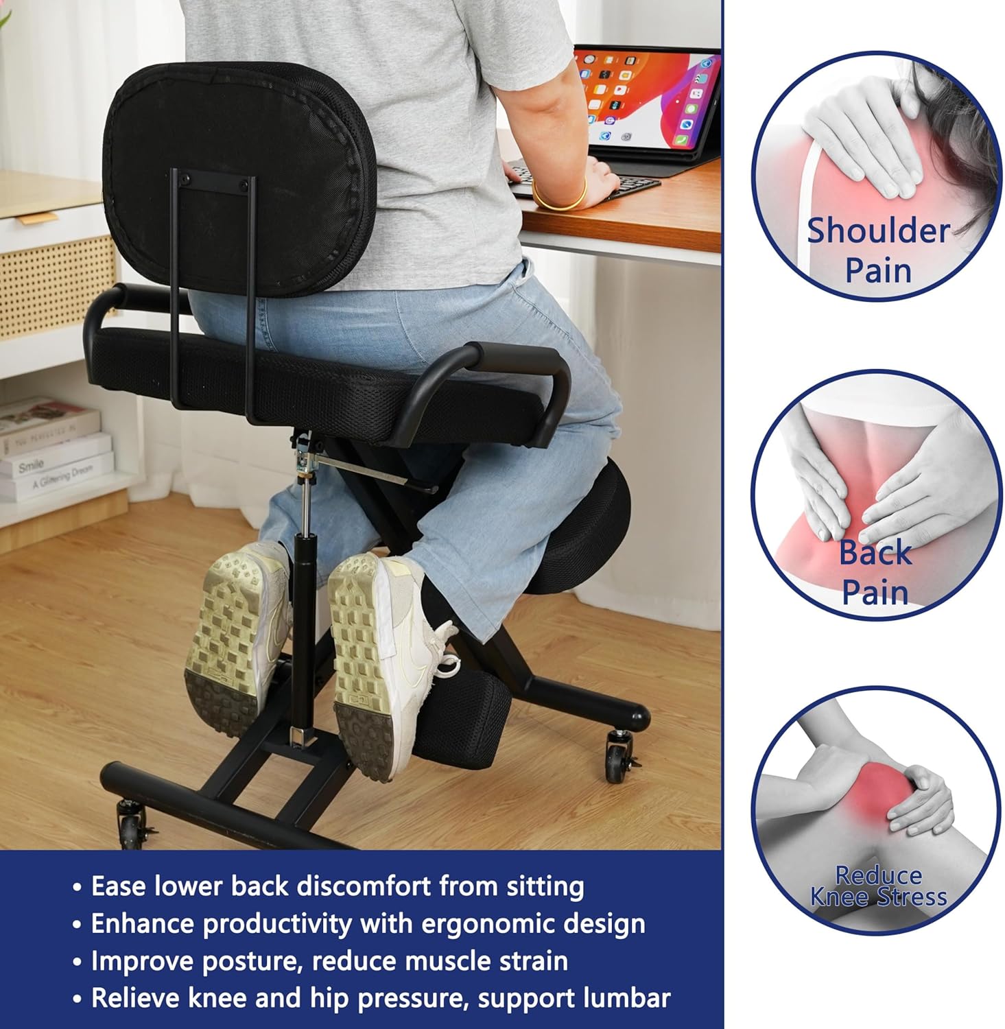 Ergonomic Kneeling Chair with Back Support and Foot Pedals — Adjustable Posture Stool for Back Pain Relief, Rolling Kneeling Chair for Home & Office, Extra Comfort Cushion, Angled Design