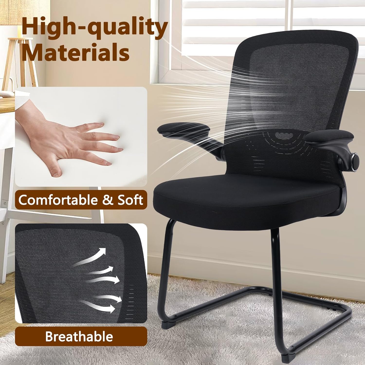 CLATINA Office Guest Chair Sled Base, Ergonomic Mesh Desk Chair Adjustable Lumbar Support and Flip Up Arms, Office Guest & Reception Chairs no Wheels for Conference Room, Black (1PK)
