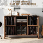 Record Player Stand with Vinyl Storage Cabinet, Turtable Stand Table with Charging Station, Side Table for Living Room, Holds Up to 350 Albums, Walnut, 47.3”x15.7”x31.1”H