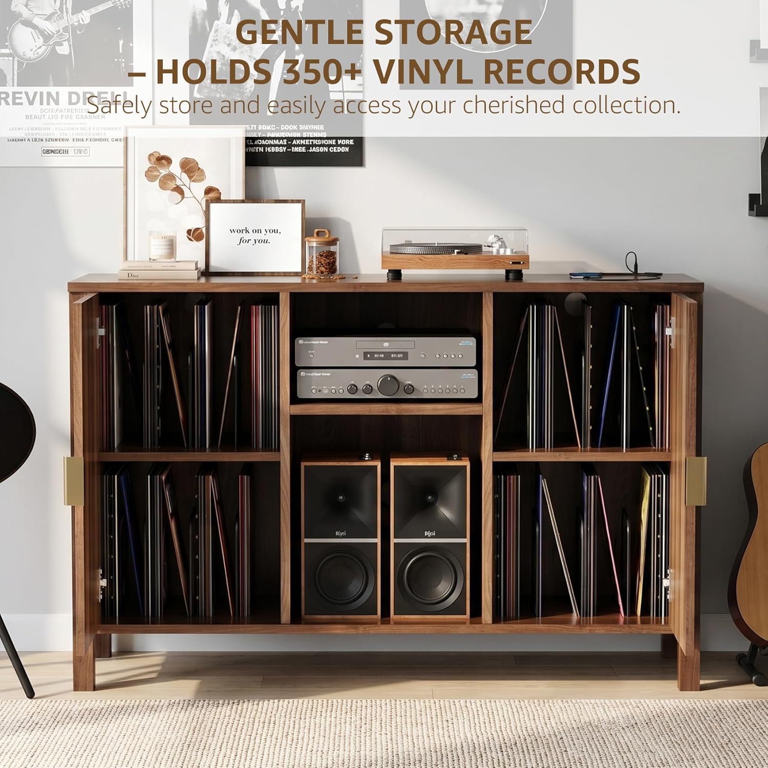 Record Player Stand with Vinyl Storage Cabinet, Turtable Stand Table with Charging Station, Side Table for Living Room, Holds Up to 350 Albums, Walnut, 47.3”x15.7”x31.1”H