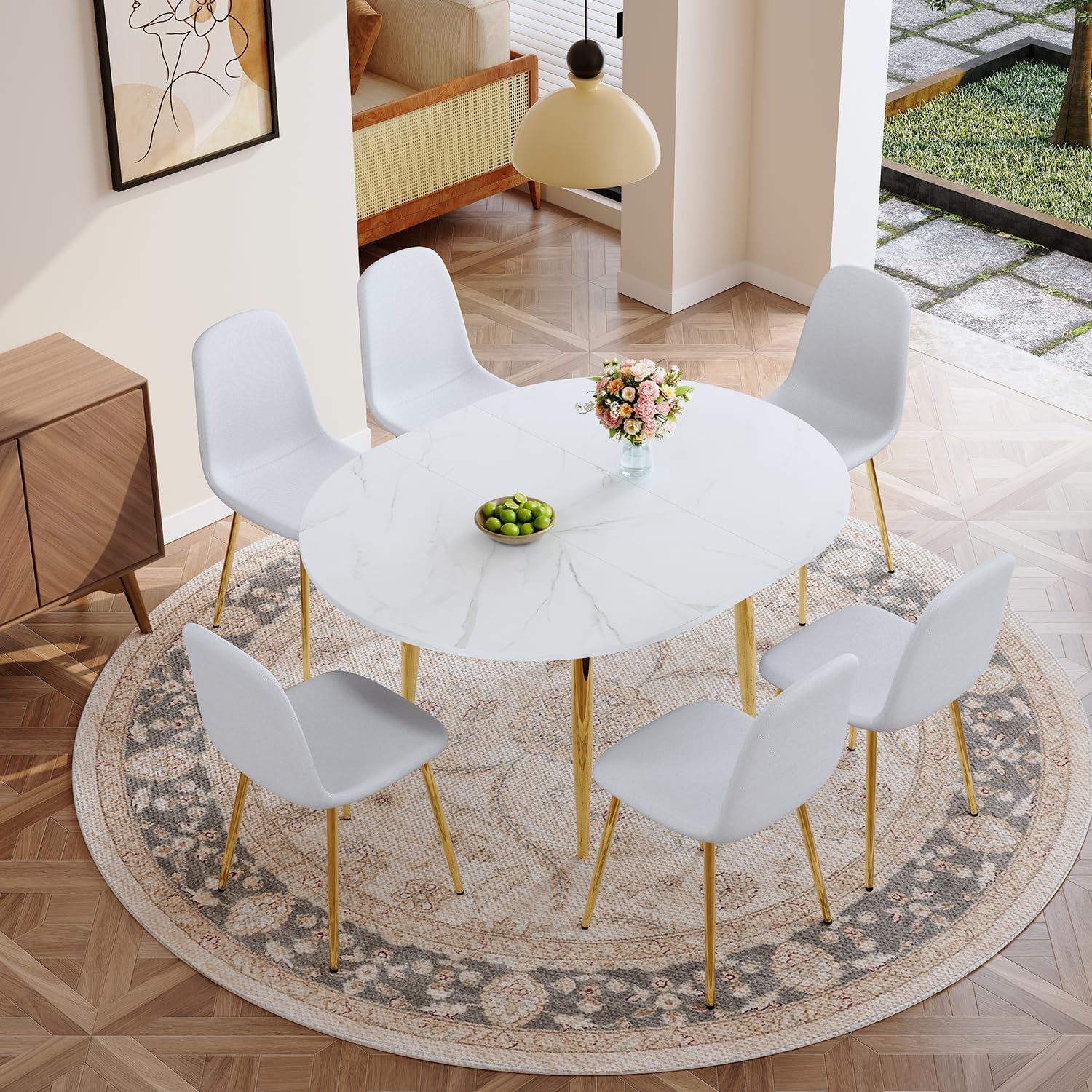 FURNITO Round Dining Table Set for 6, 42"-54" Extendable Dining Room Table Set for 6, White Kitchen Table with Upholstered Chairs Set of 6, 7 Piece Dining Table Set for Small Spaces, Easy Assembly
