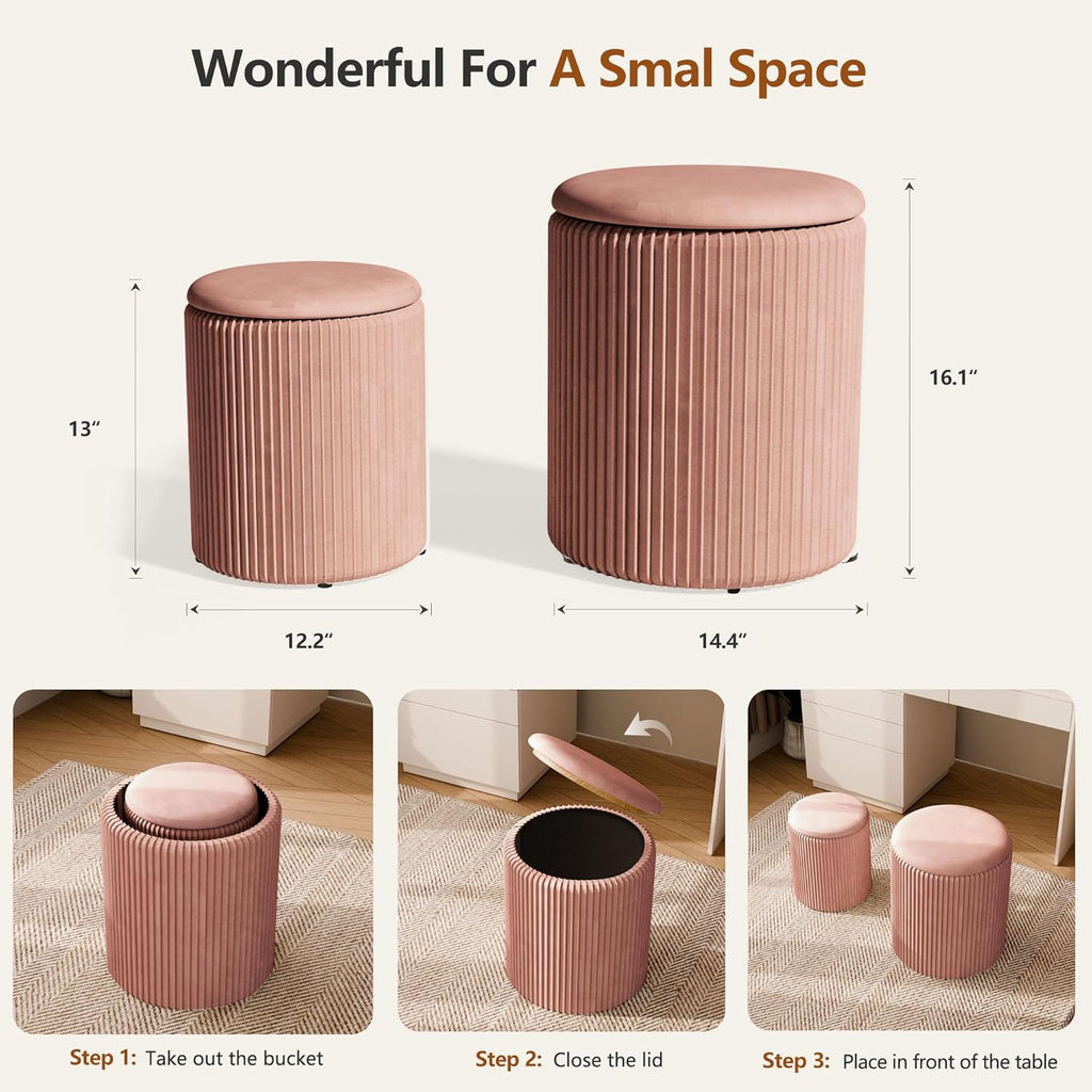 Ottoman with Storage Set of 2, Velvet Round Storage Ottoman, Upholstered Sponge Vanity Stool Support 300lbs, Multifunctional Coffee Table Foot Rest Ottoman for Living Room Bedroom, Pink