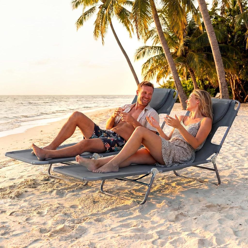 Goplus Tanning Chair, Portable Lightweight 10.5LBS Beach Lounger with Face Arm Holes, Adjustable 5-Position, 330LBS Capacity, Side Pocket, Removable Cushions, Portable Sunbathing Chair for Pool
