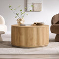 JXQTLINGMU 33" Round Coffee Table with Storage, Fluted Drum Coffee Table, Hidden Push-to-Open Drawer, Natural Oak