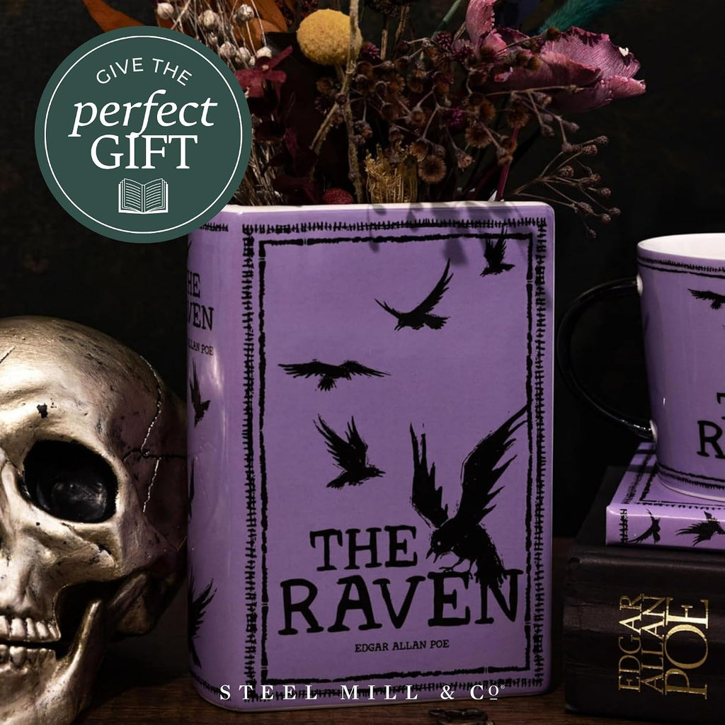Steel Mill & Co Original Large Book-Shaped Decorative Vase, Ceramic Vases for Home Decor, Cute Bookshelf Decor, Unique Vase for Book Lovers, The Raven - Purple