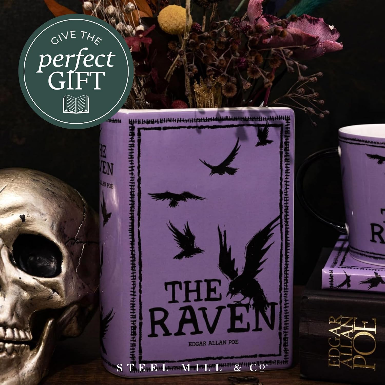 Steel Mill & Co Original Large Book-Shaped Decorative Vase, Ceramic Vases for Home Decor, Cute Bookshelf Decor, Unique Vase for Book Lovers, The Raven - Purple