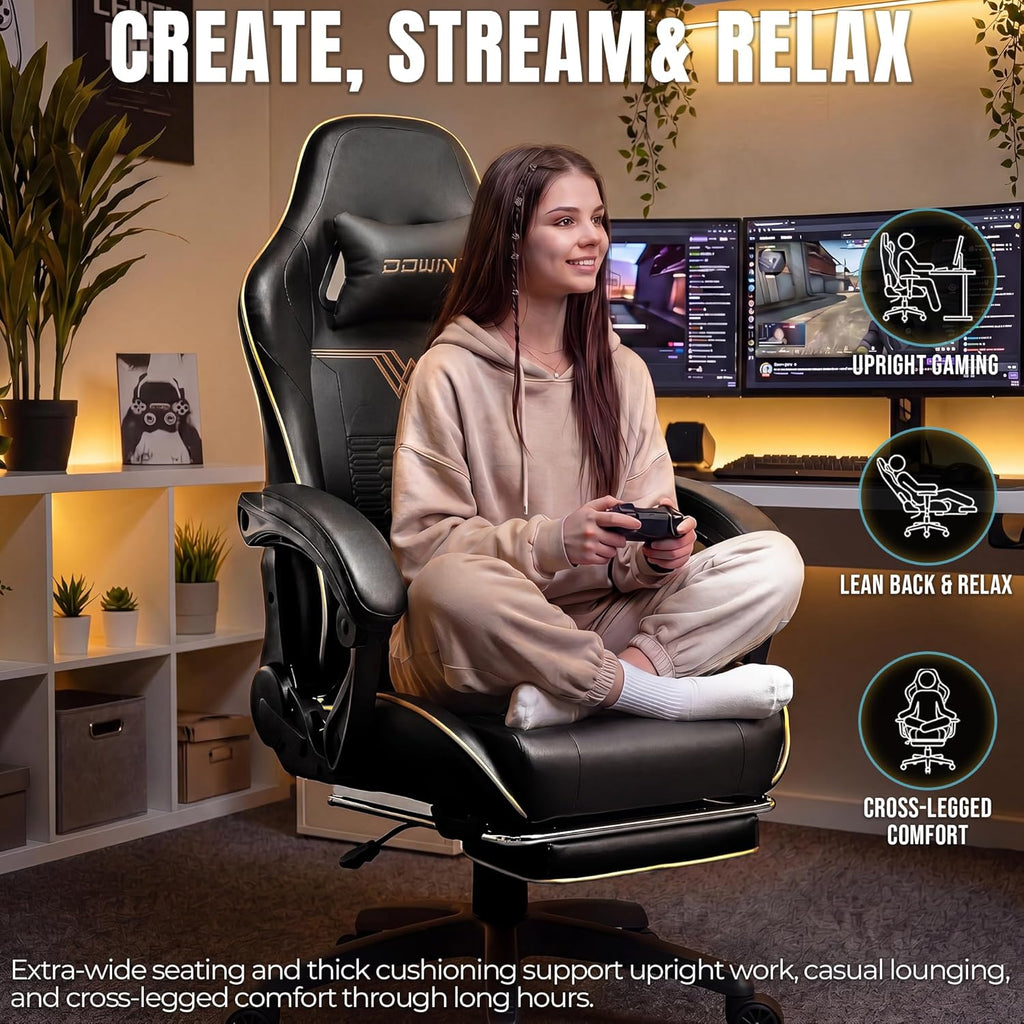 Dowinx Big and Tall Gaming Chair 350LBS, Racing Style Ergonomic Computer Chair with Side-Mounted Recline Control, Footrest & Massage Lumbar, High Back Chair with Embroidered Design for Work, Black