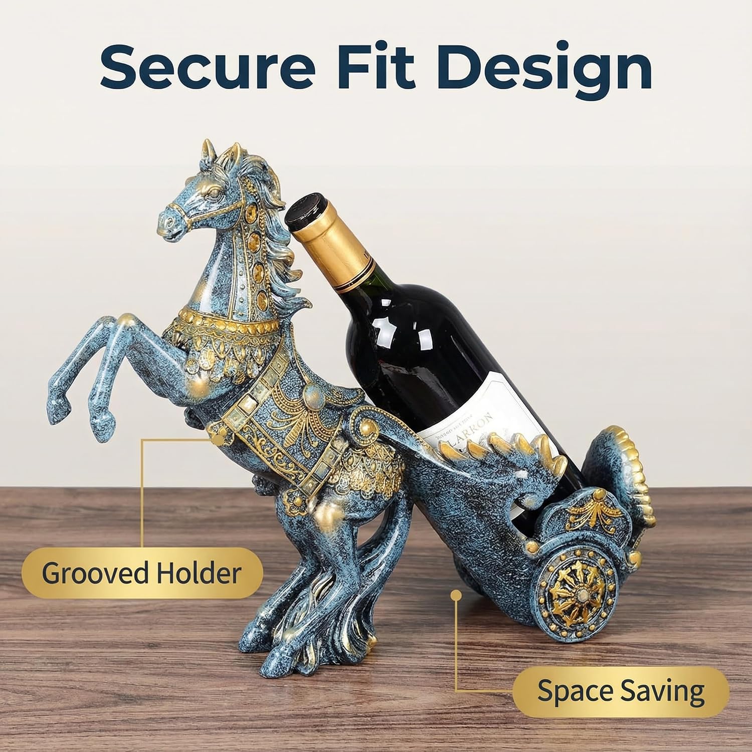 Horse Sculpture Resin Wine Bottle Holder - Tabletop Kitchen Decor, Decorative Storage Organizer for Home Bar Cellar, Unique Gift for Men Women Housewarming, Holds 1 Standard Bottle (Blue A)