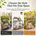 YEFU Outdoor Potting Bench with Storage: 3-Tier HIPS Potting Table with Wide-Panel Shelf/Hooks - All-Weather Heavy Duty Gardening Table for Patio Backyard Porch Easy to Clean 420lbs Capacity (Teak)