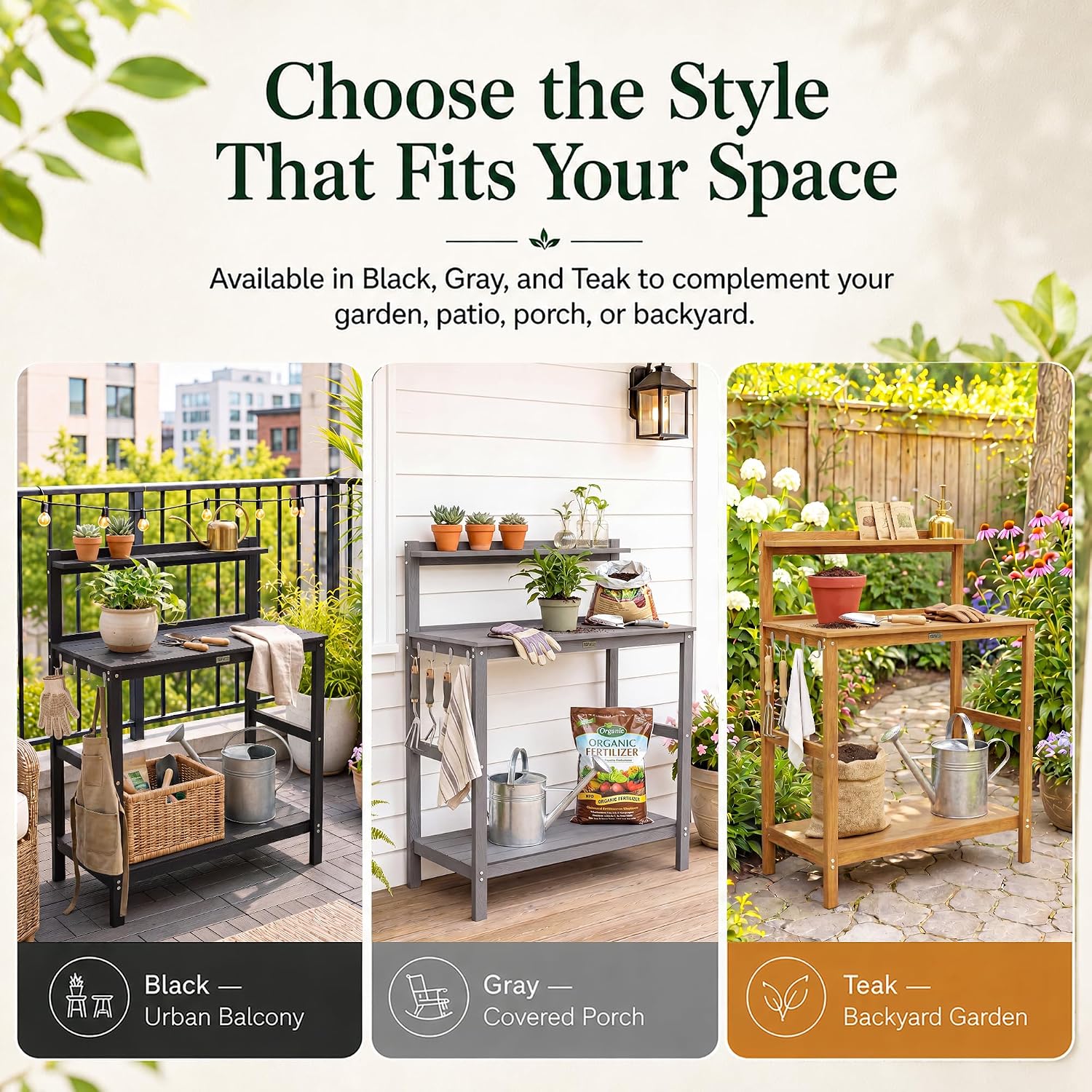YEFU Outdoor Potting Bench with Storage: 3-Tier HIPS Potting Table with Wide-Panel Shelf/Hooks - All-Weather Heavy Duty Gardening Table for Patio Backyard Porch Easy to Clean 420lbs Capacity (Teak)