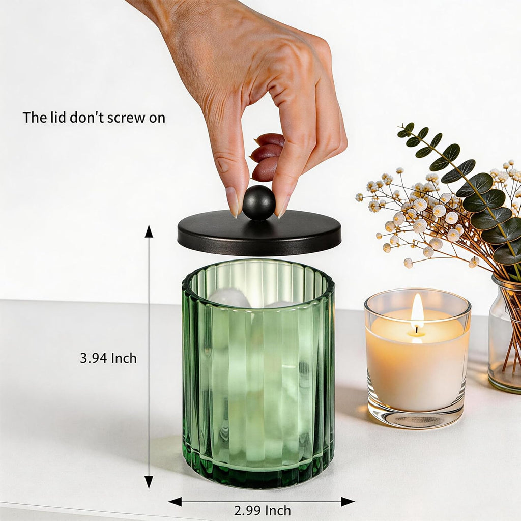 Amolliar Sage Green Glass Apothecary Jar, Qtip Holder Dispenser for Cotton Swabs, Balls, Makeup Pads, Floss Picks, Bathroom Essential Accessories, Countertop Canister Storage Organizer (Black, 2 Pack)