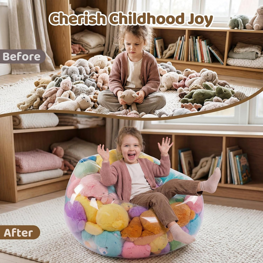 Stuffed Animal Bean Bag Storage, 37.01 x 38.19 Inch Transparent Plush Storage Chair, Heavy-Duty 0.35mm PVC Waterproof Organizer with 330lbs Capacity for Home Indoor Use