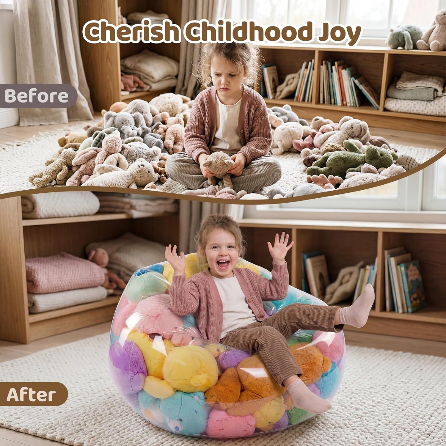 Stuffed Animal Bean Bag Storage, 37.01 x 38.19 Inch Transparent Plush Storage Chair, Heavy-Duty 0.35mm PVC Waterproof Organizer with 330lbs Capacity for Home Indoor Use