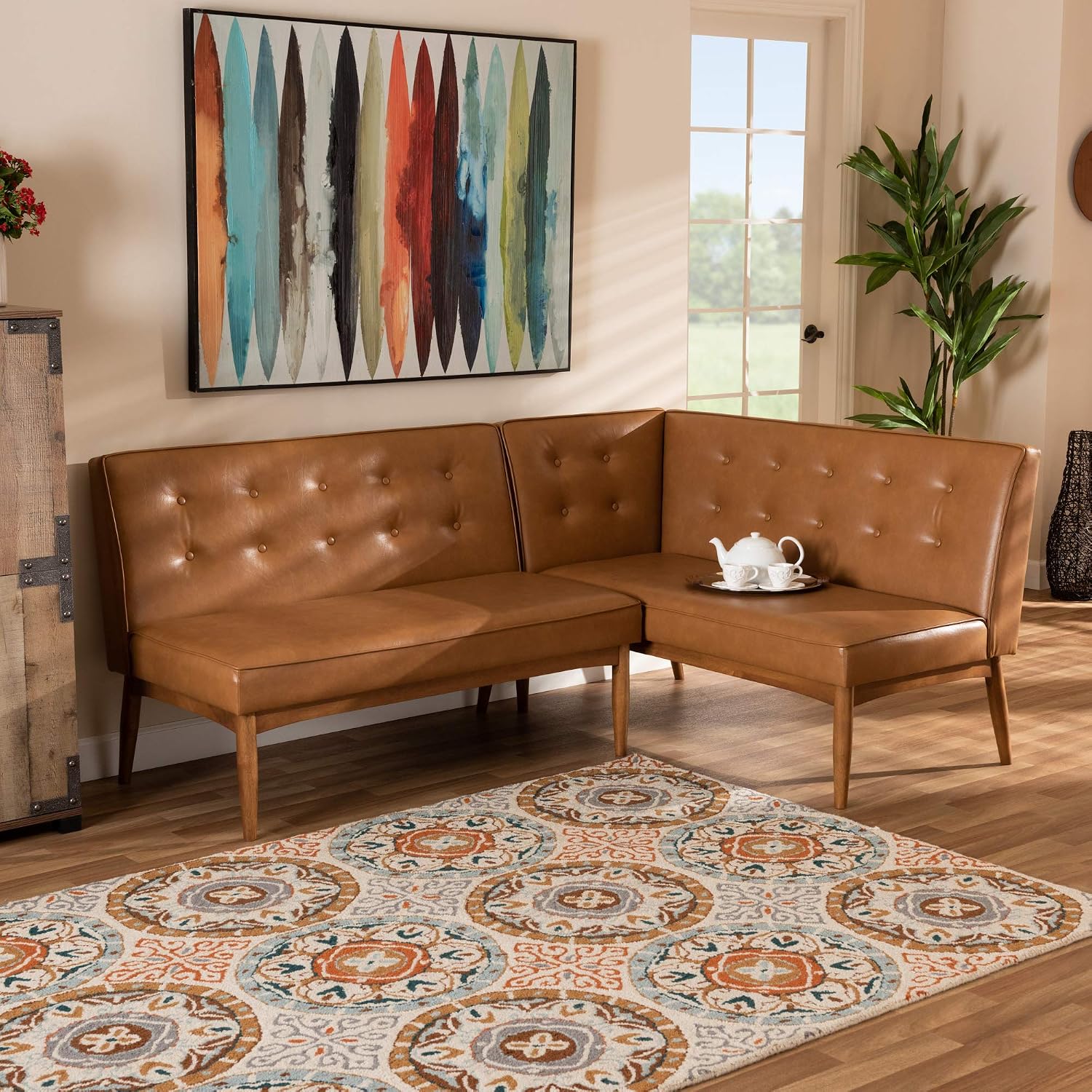 Baxton Studio Arvid Mid-Century Modern Tan Faux Leather Upholstered and Walnut Brown Finished Wood 2-Piece Dining Corner Sofa Bench