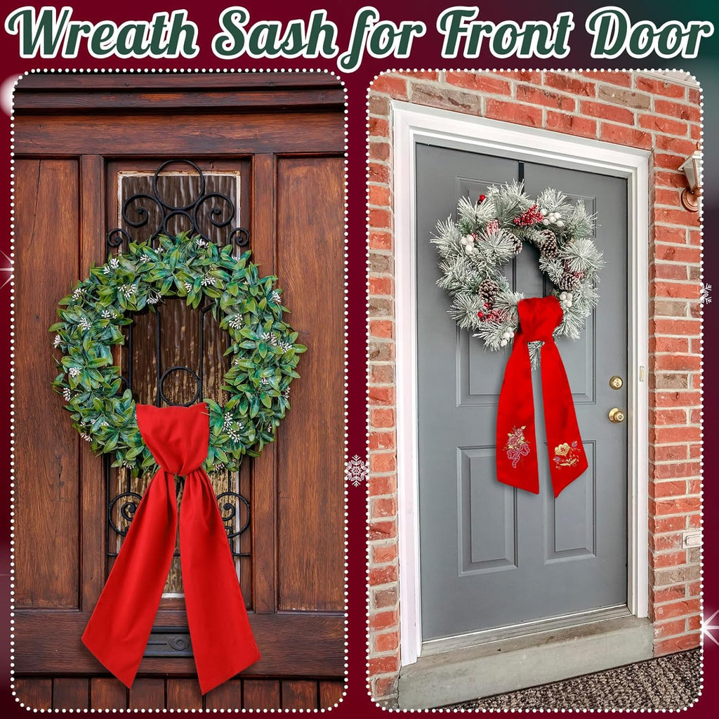 VitalCozy 2 Pcs Wreath Sash for Front Door Plain Sash for Embroidery Monogram Wreath Accessories for Party Farmhouse Doorway Indoor Outdoor Decor(Red,4.5" W X 56" L)