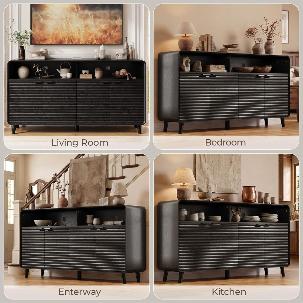 61" Sideboard Buffet Cabinet with Open Storage & 4 Doors, Large Coffee Bar Cabinet with Adjustable Shelves, Mid Century Modern Fluted Buffet Cabinet for Kitchen, Living Room, Black