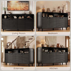 61" Sideboard Buffet Cabinet with Open Storage & 4 Doors, Large Coffee Bar Cabinet with Adjustable Shelves, Mid Century Modern Fluted Buffet Cabinet for Kitchen, Living Room, Black