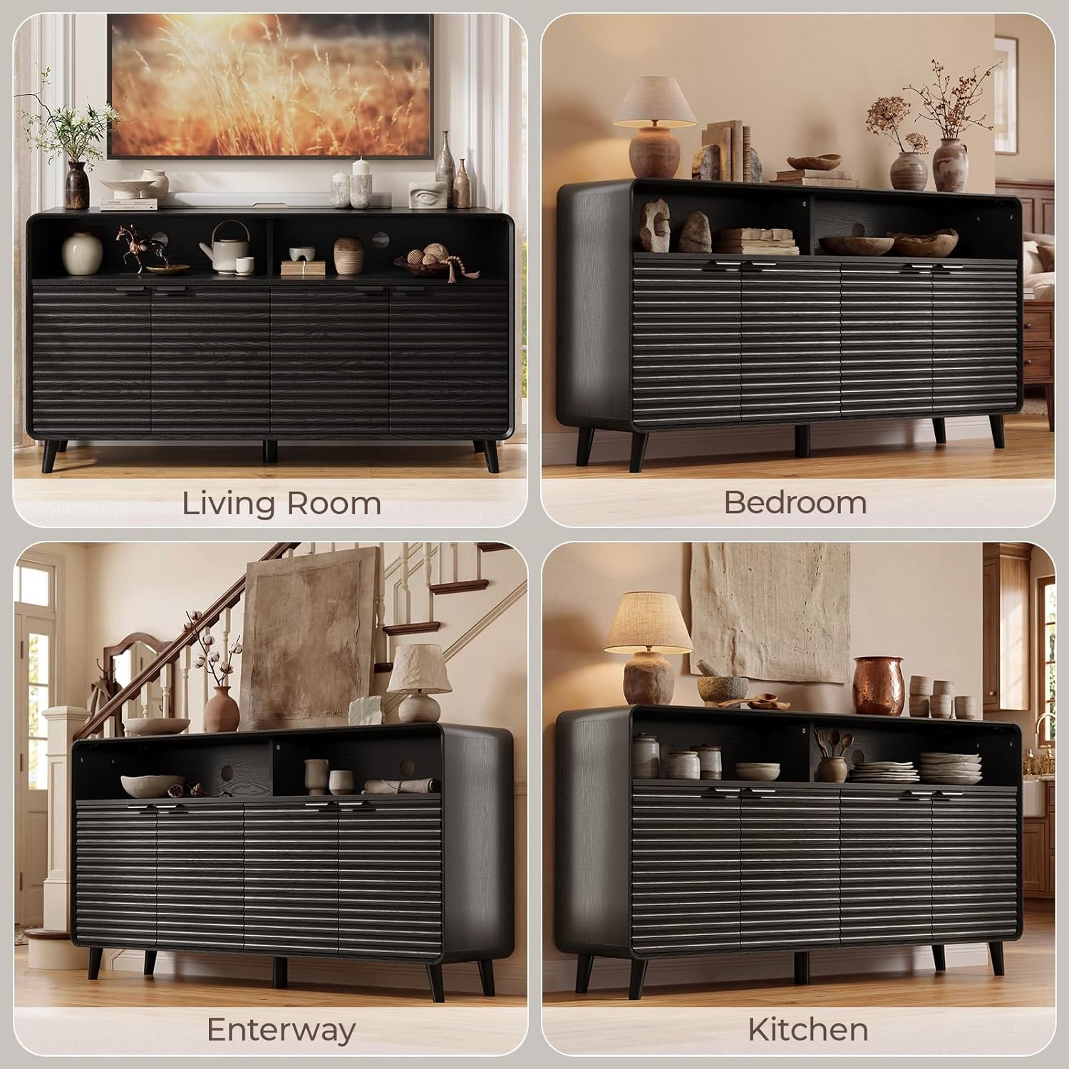 61" Sideboard Buffet Cabinet with Open Storage & 4 Doors, Large Coffee Bar Cabinet with Adjustable Shelves, Mid Century Modern Fluted Buffet Cabinet for Kitchen, Living Room, Black