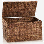 Wonderjune 30 x 17.7 x 17.7 Inch Water Hyacinth Wicker Storage Trunk with Metal Frame, Heavy Duty Storage Chest with Lid Large Rattan Basket for Blankets, Seasonal Clothes, Extra Bedding (Brown)