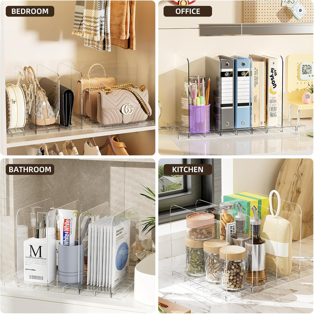 JOYZAN Stackable Purse Organizer for Closet, Adjustable Shelf Dividers for Closet Organizer Clear Acrylic Closet Purse Organizer Detachable Handbag Storage Separator Dividers for Home, Office - 4 Pack