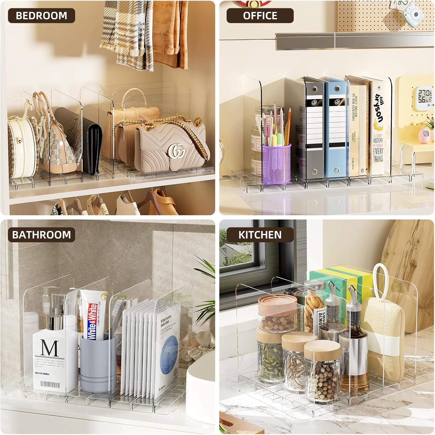 JOYZAN Stackable Purse Organizer for Closet, Adjustable Shelf Dividers for Closet Organizer Clear Acrylic Closet Purse Organizer Detachable Handbag Storage Separator Dividers for Home, Office - 4 Pack