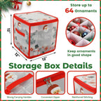 Christmas Ornament Storage Box, Christmas Ball Container with Dividers for 64 Balls, Space-Saving Holiday Decor Organizer Xmas Ornaments Box (Red)